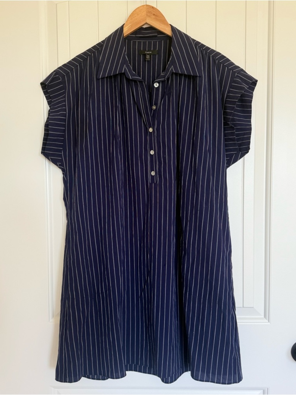 DREW Navy White Pinstripe Shift Shirt Dress Oversized Coastal Preppy XS